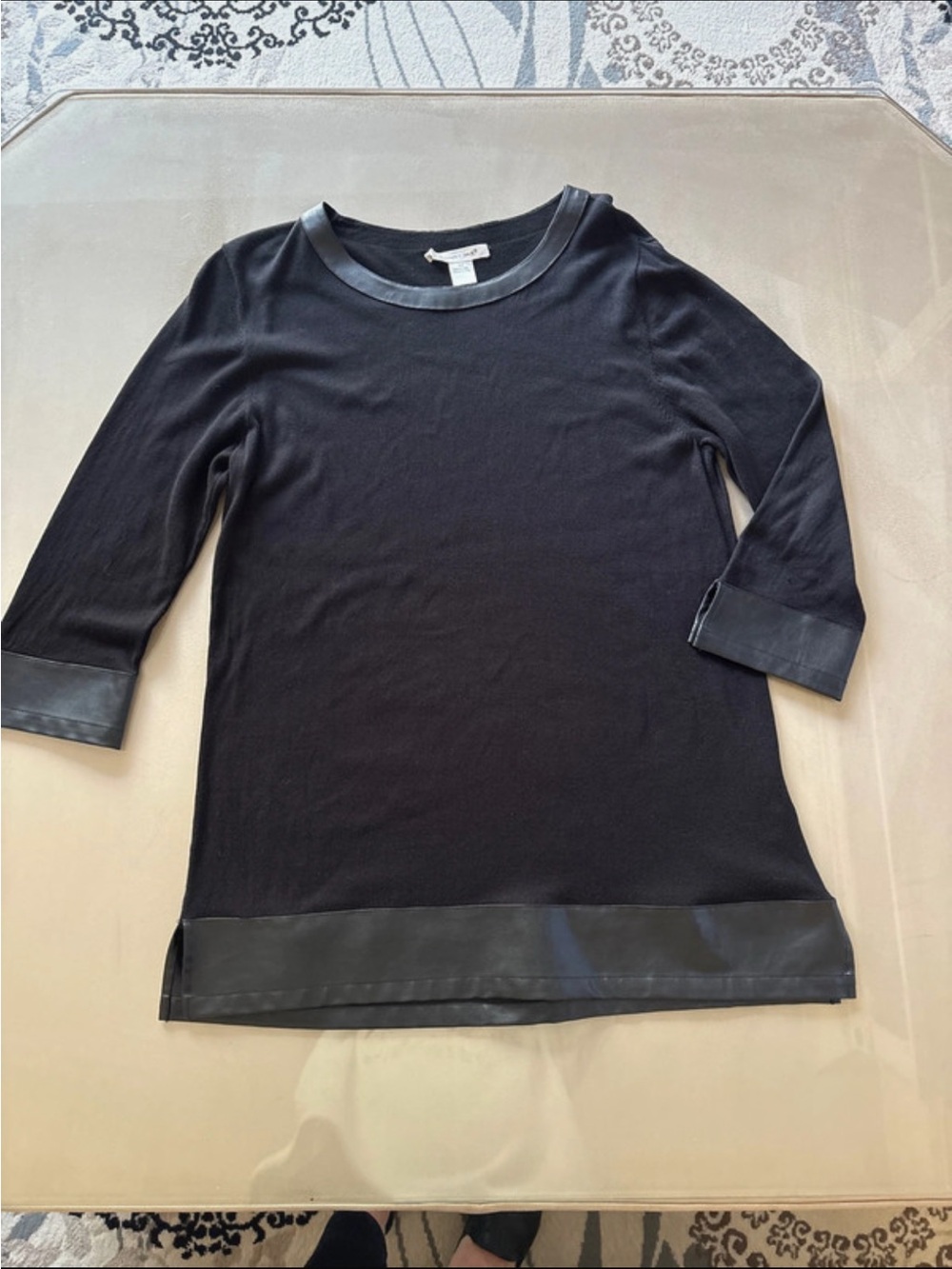 Black woman’s Long Sleeve Top with Faux Leather Trim
